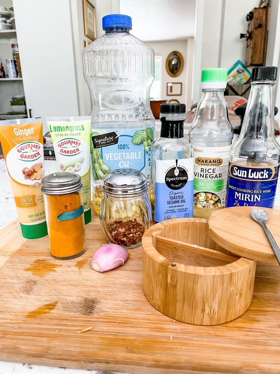 The ingredients for the Asian Chicken Skewers with Peanut Dipping Sauce laid out on a counter