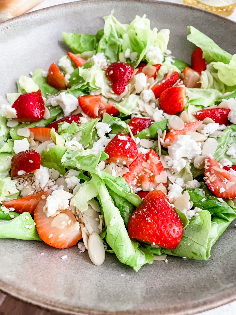 The finished Strawberry and Chevre Salad with Sesame Vinaigrette