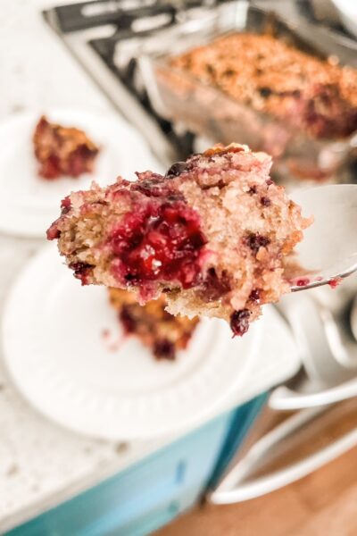 A fork with a bite of the Easy Blackberry Coffee Cake Recipe