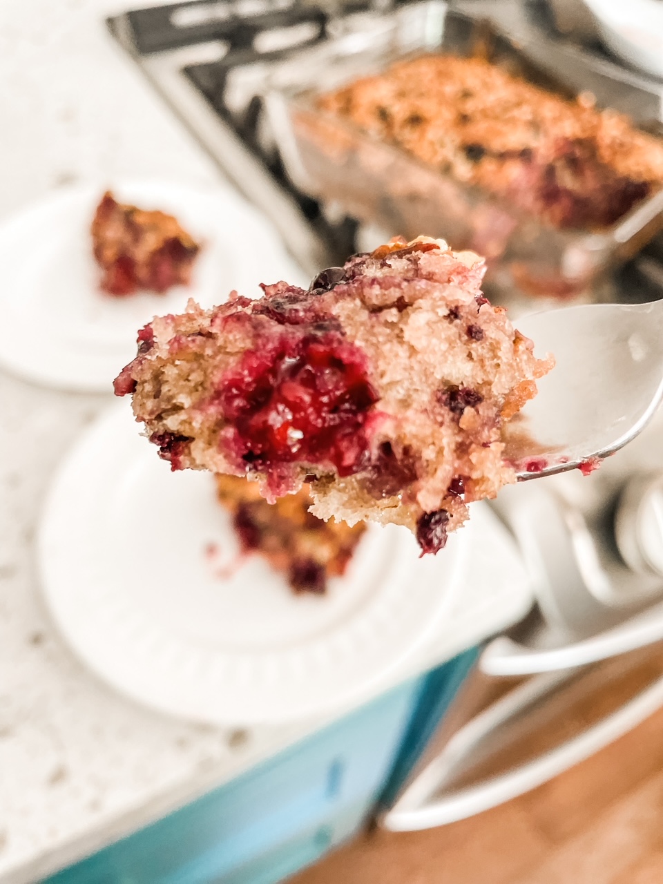 A fork with a bite of the Easy Blackberry Coffee Cake Recipe 