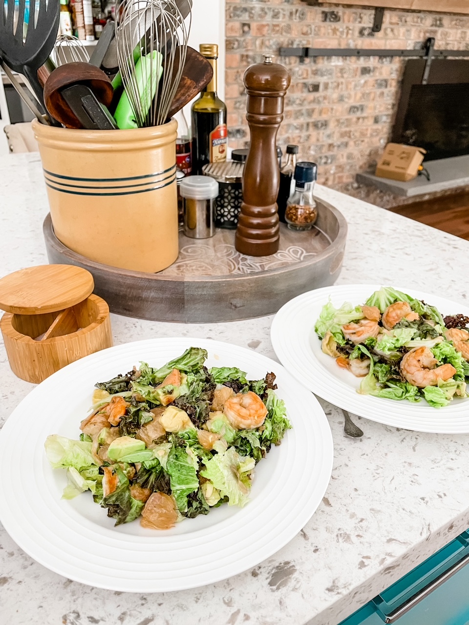 Two plates of the Garlic Shrimp, Grapefruit and Avocado Salad