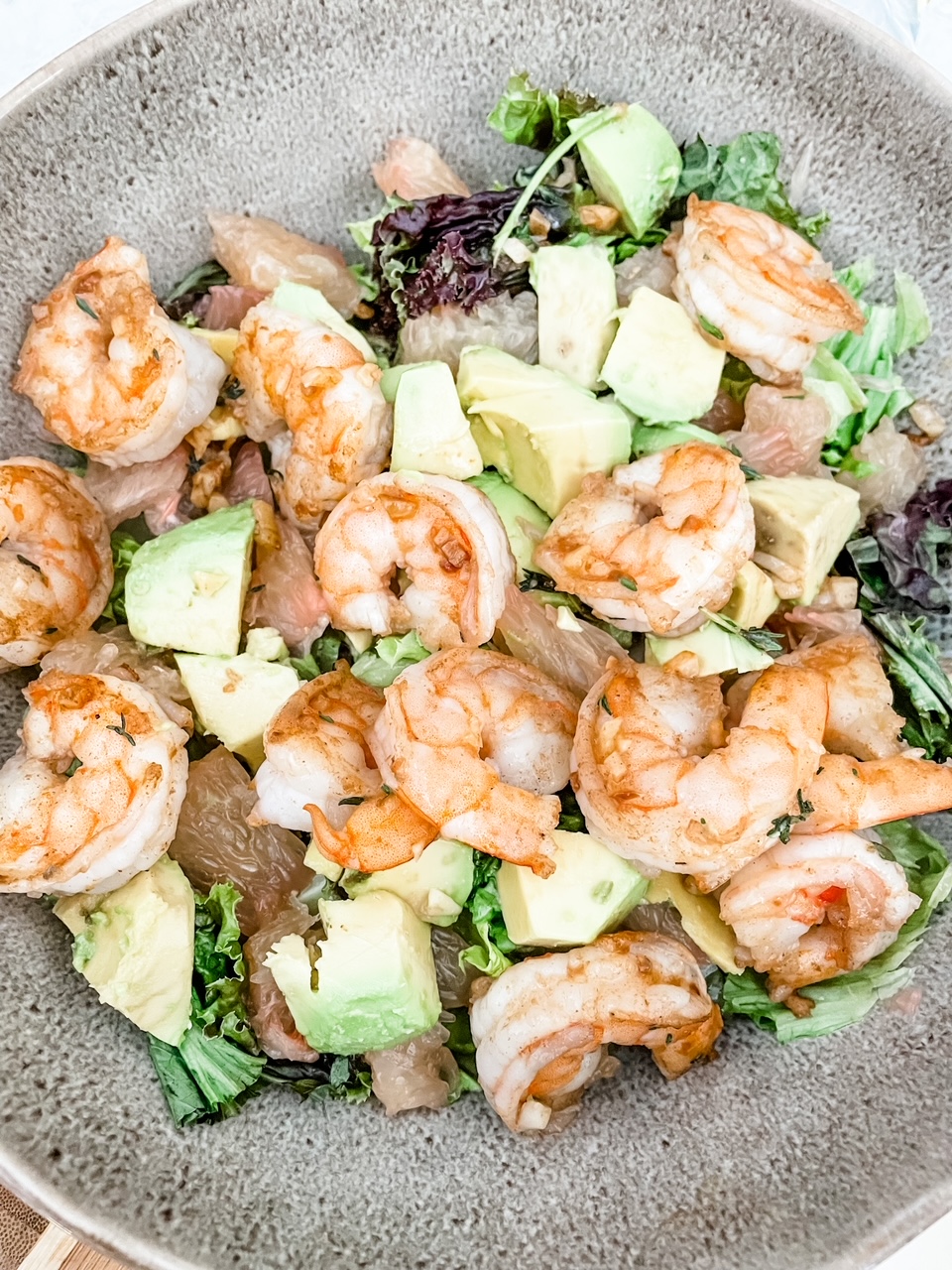 A close up of the Garlic Shrimp, Grapefruit and Avocado Salad