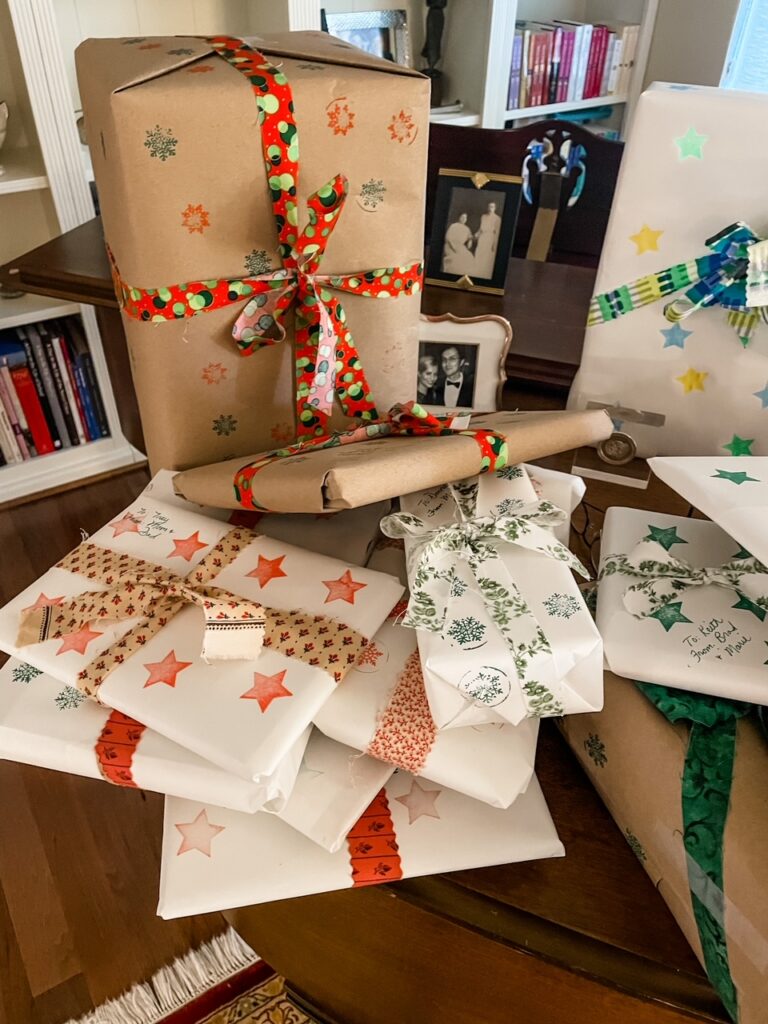 Several presents wrapped in the Homemade Sustainable Gift Wrap
