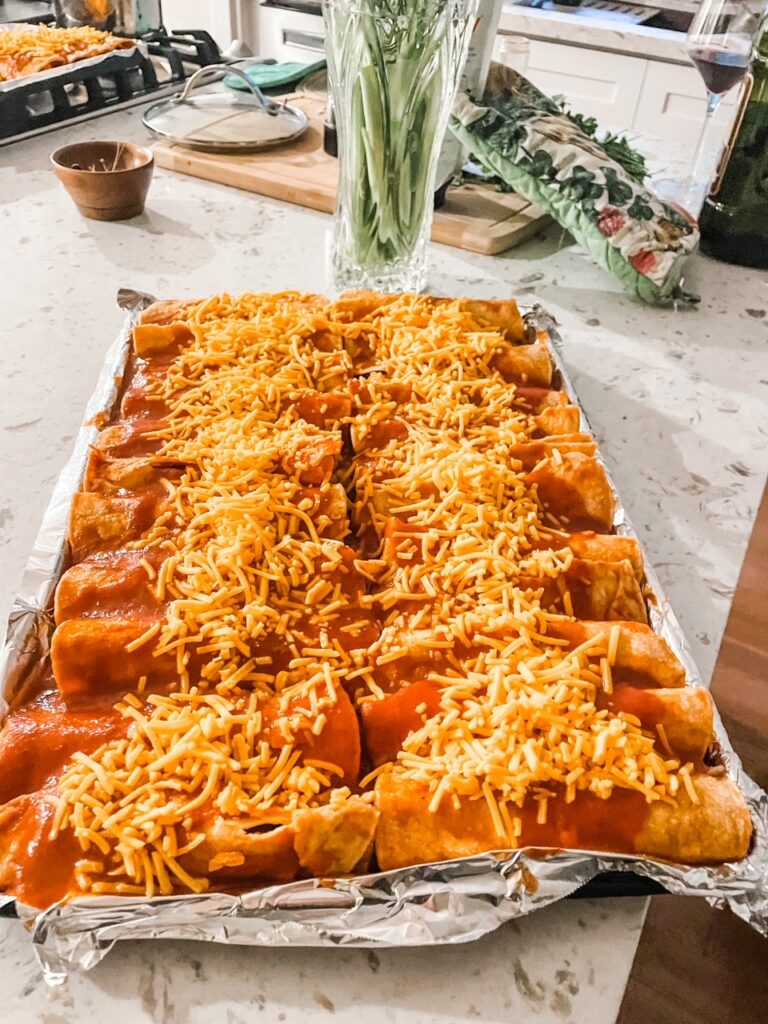 The finished enchiladas cooling off in the baking dish