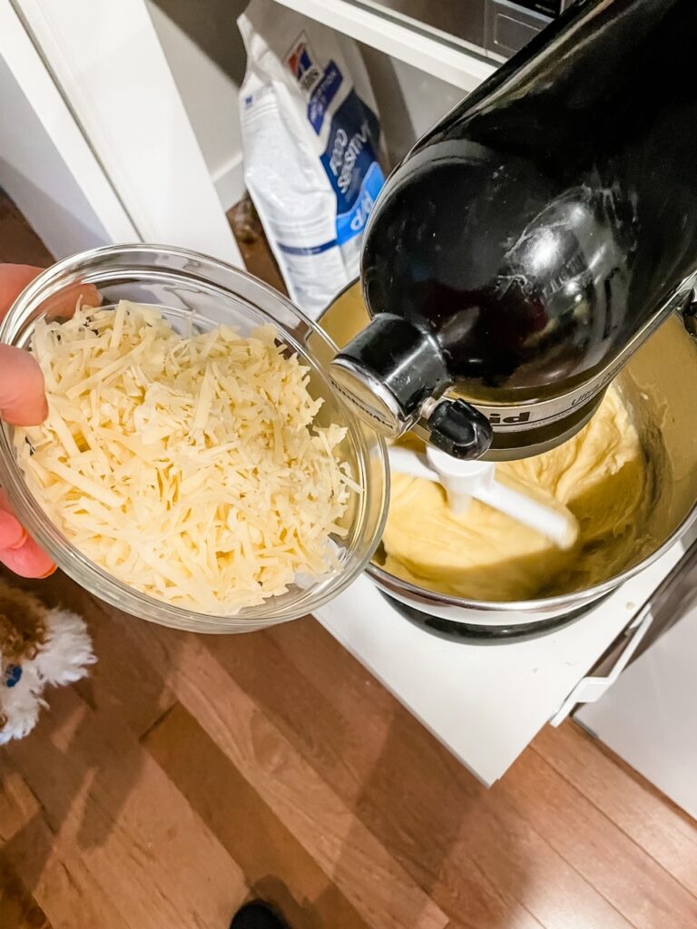Adding the shredded cheese to the mixture
