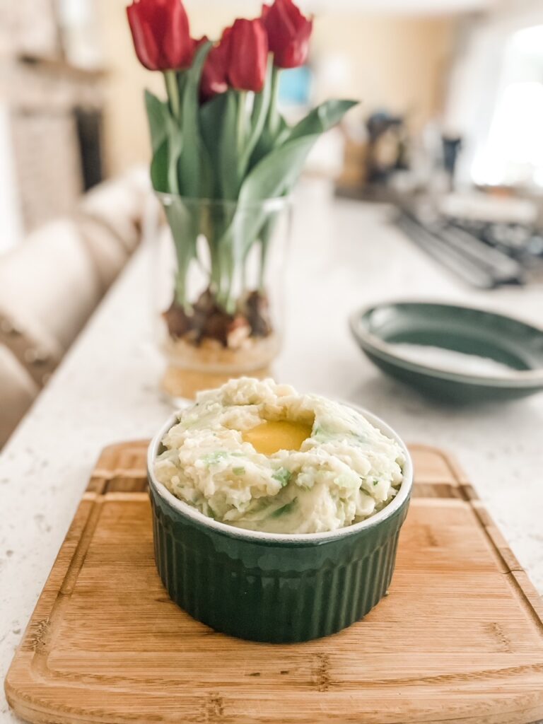 The Colcannon potatoes, or Irish mashed potatoes, fnished and cooling