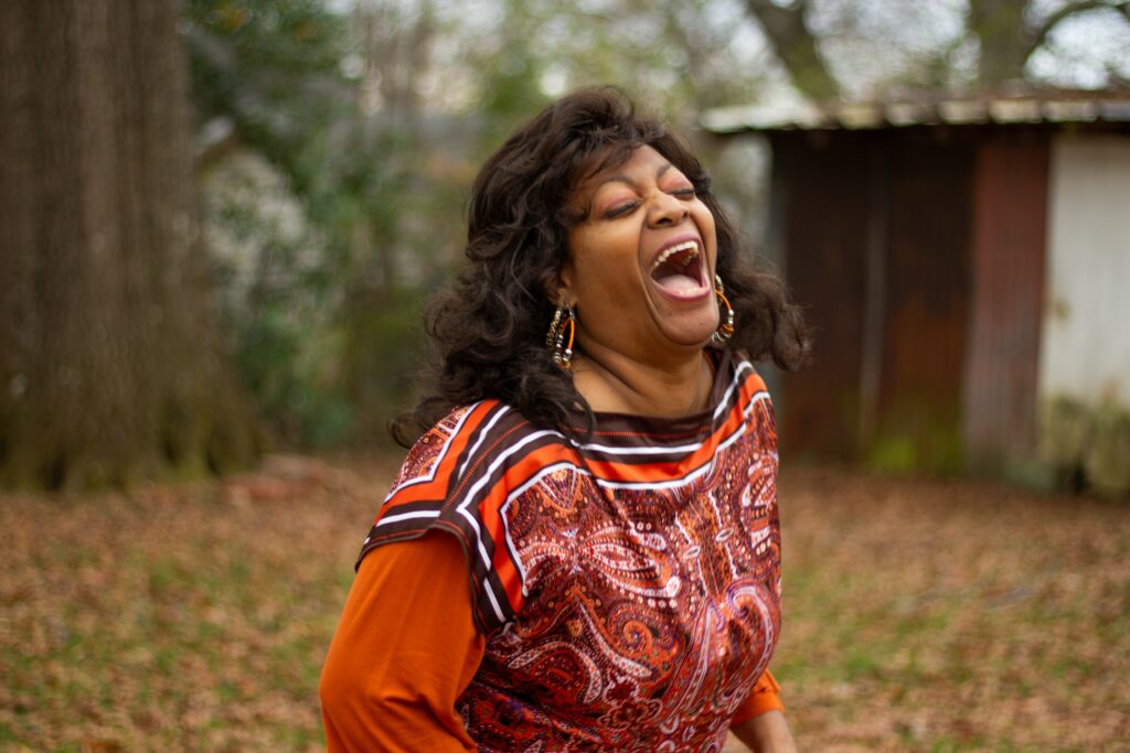 A woman laughing