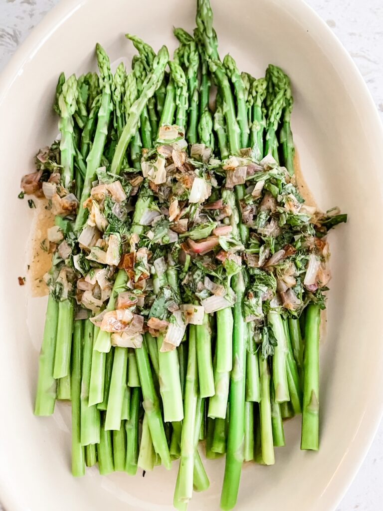 The ingredients for the asparagus side dish laid out on a counter