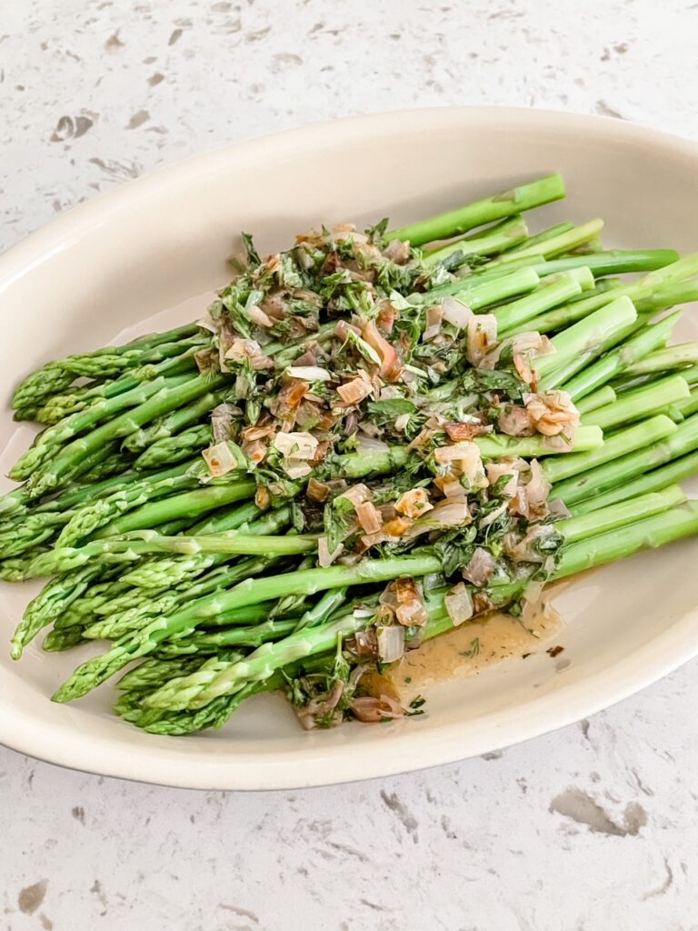 The finished Asparagus in Lemon Herb Vinaigrette plated