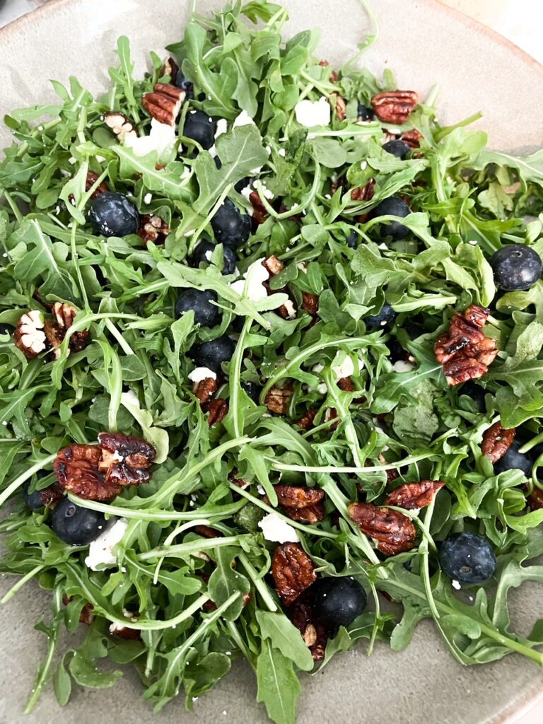 The finished Summer Arugula, Feta, and Blueberry Salad