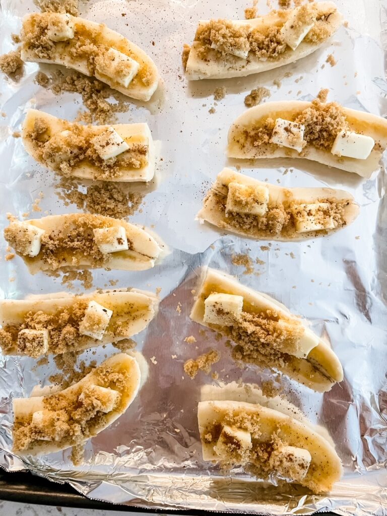 The sliced bananas topped with cinnamon, brown sugar, and butter - an easy recipe for cooking with kids