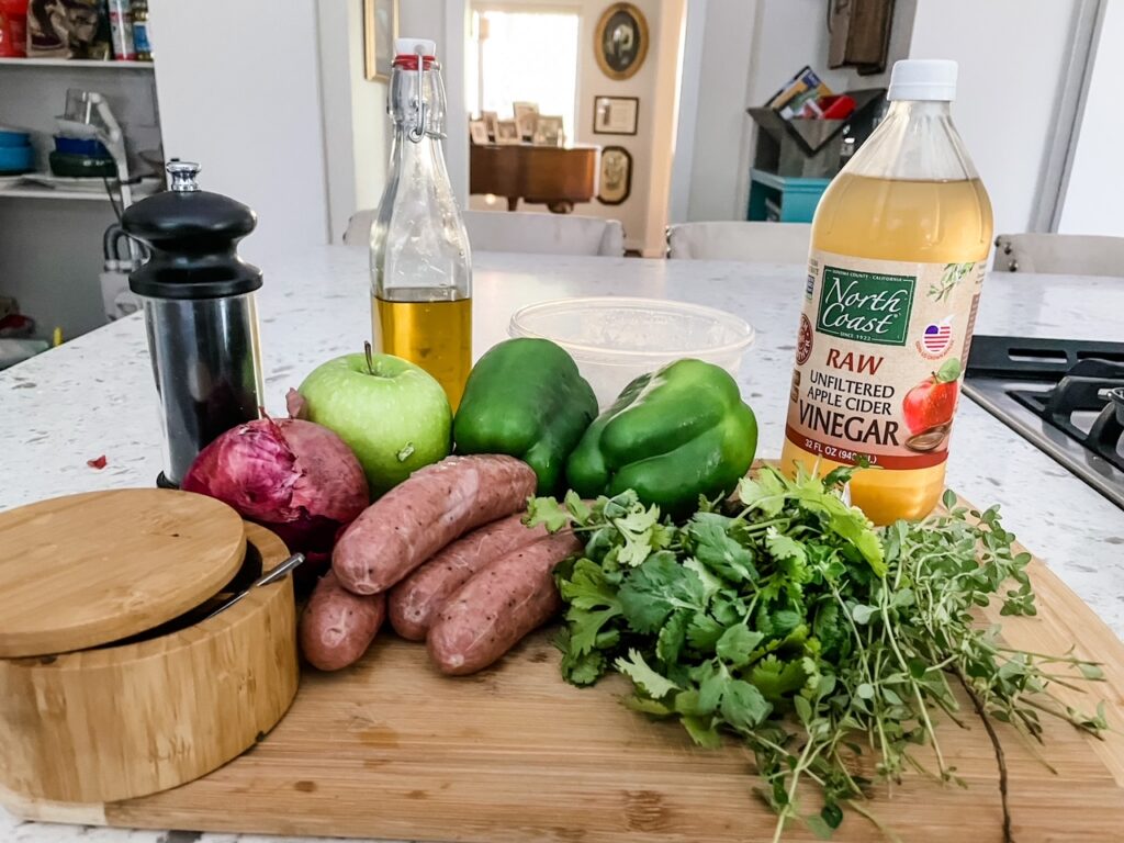 The ingredients set out on a counter on top of a cutting board