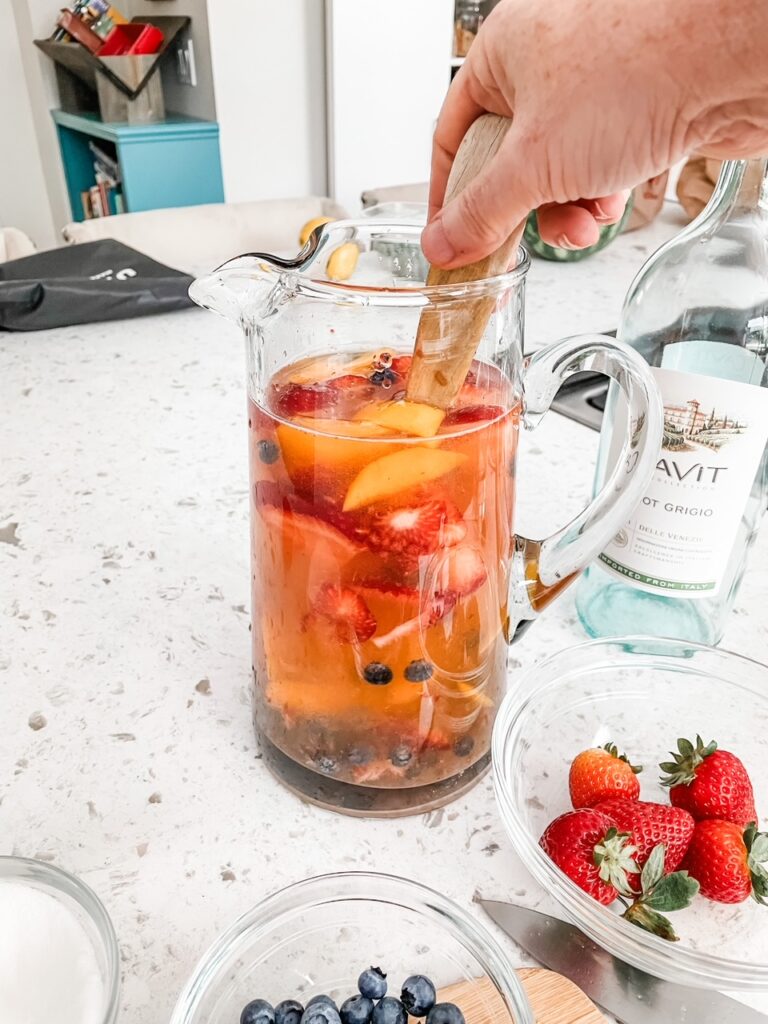 The finished pitcher of easy white fruit sangria