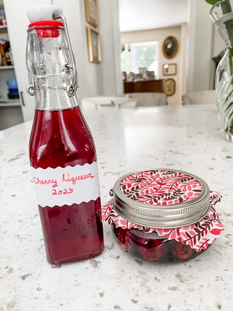 The finished cherry liqueur in bottles