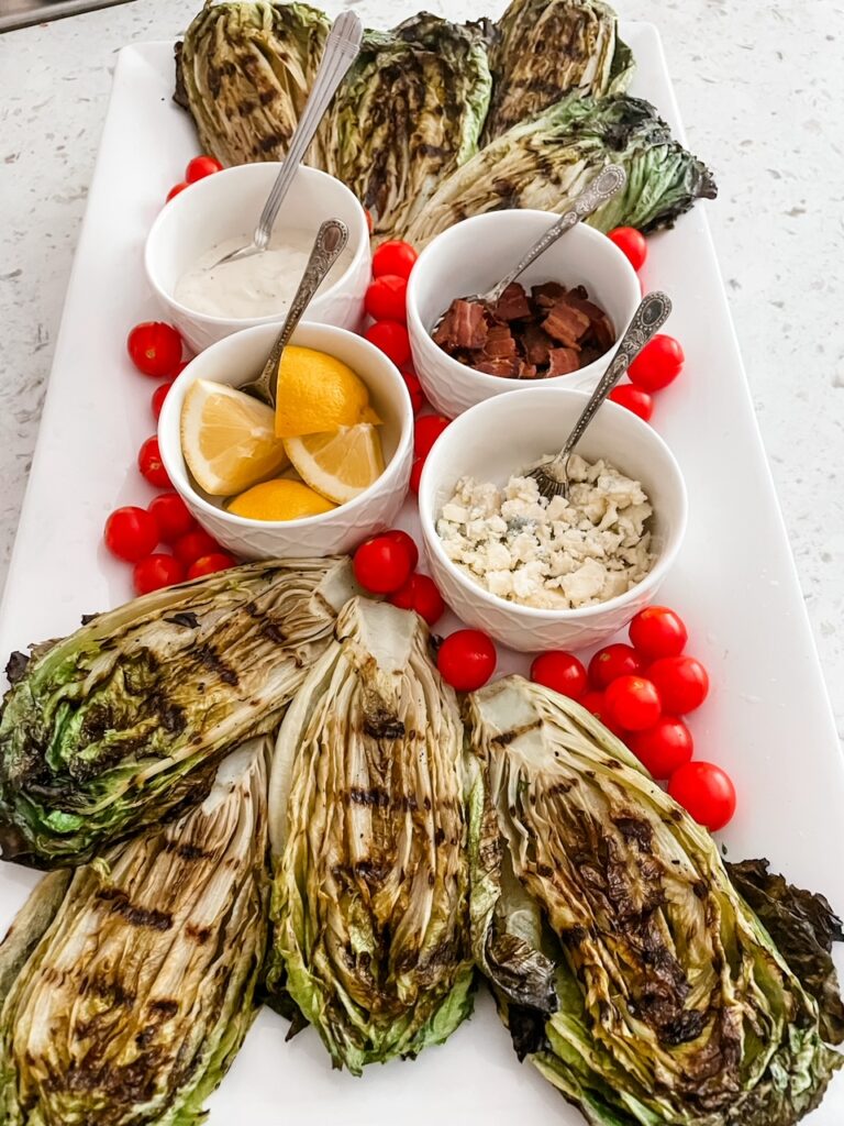 An overhead view of the finished Grilled Romaine Salad Board