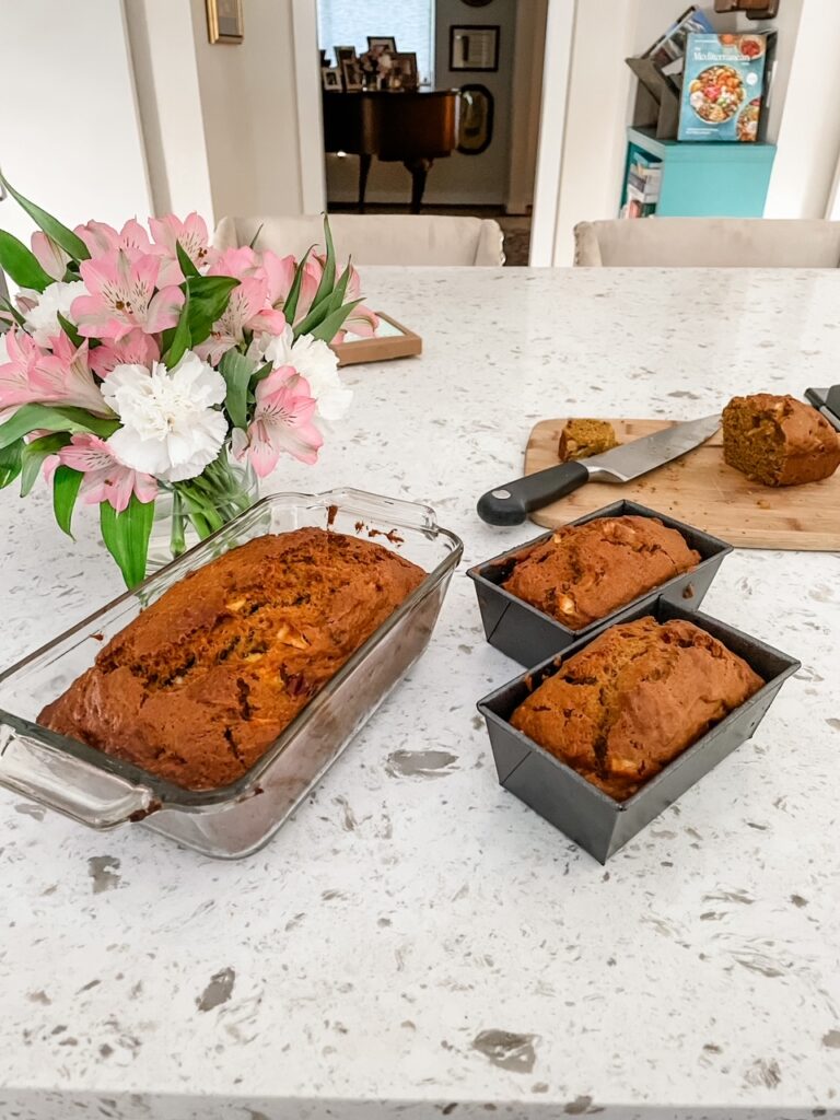 One large loaf and two smaller loaves of the Fall Pumpkin Apple Bread