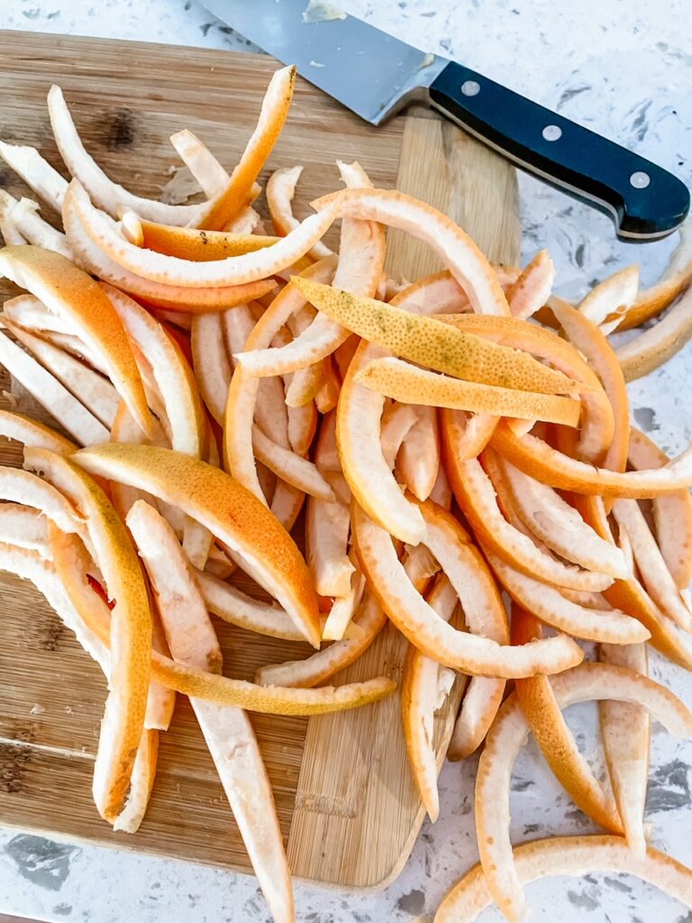 The sliced and prepped grapefruit peels