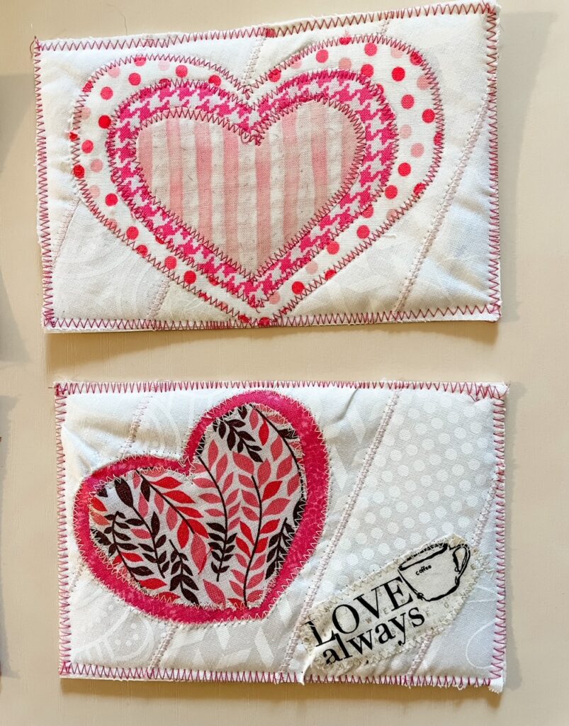Two of the finished DIY Quilted Valentine Cards
