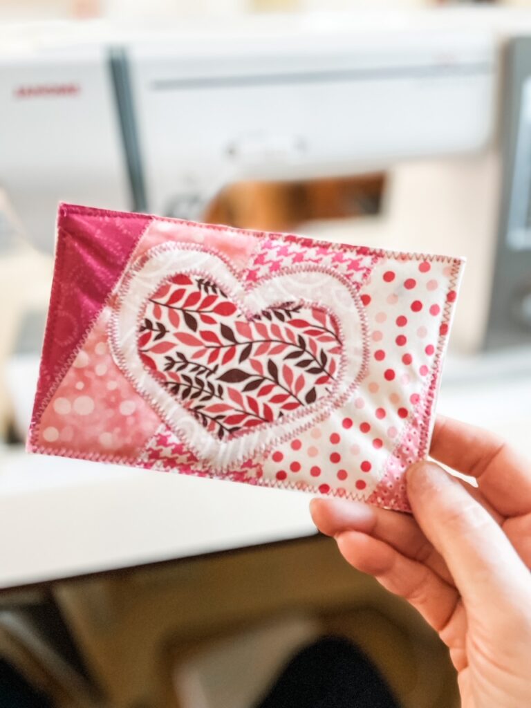 One of the finished DIY Quilted Valentine Cards