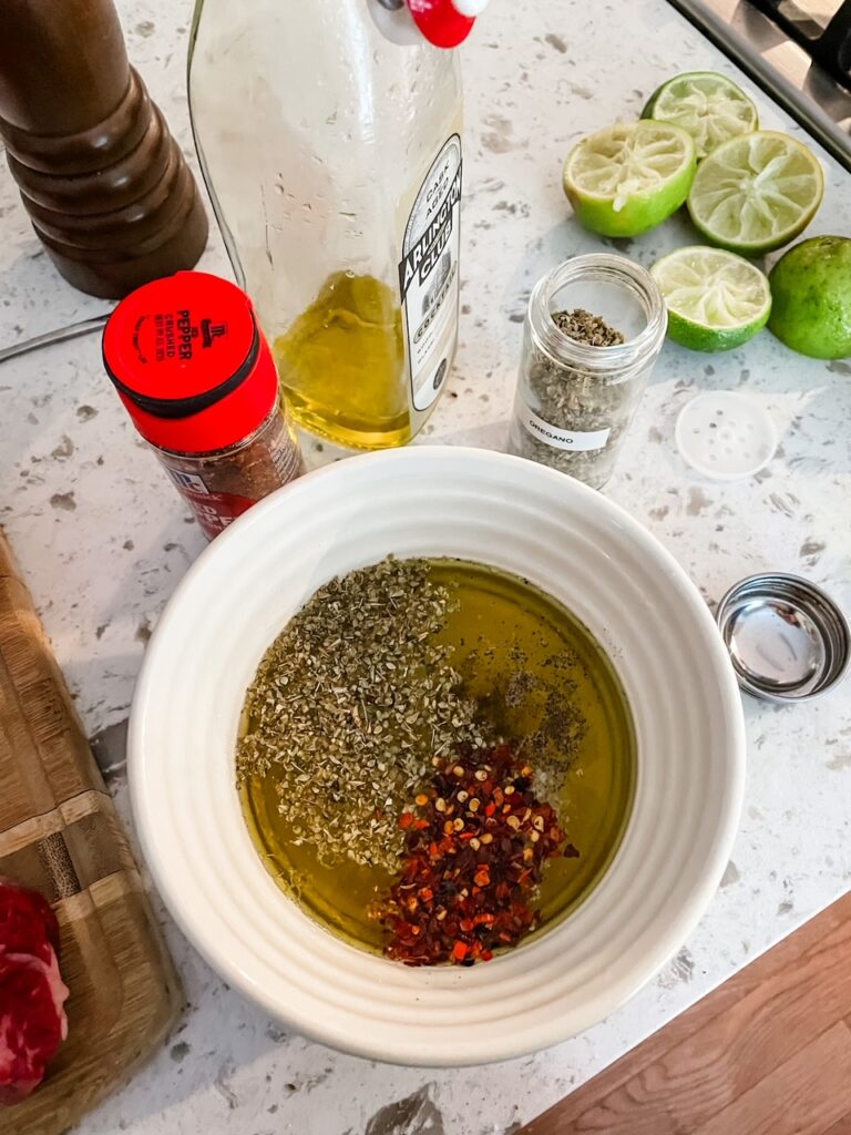 The olive oil with spices and lemon juice