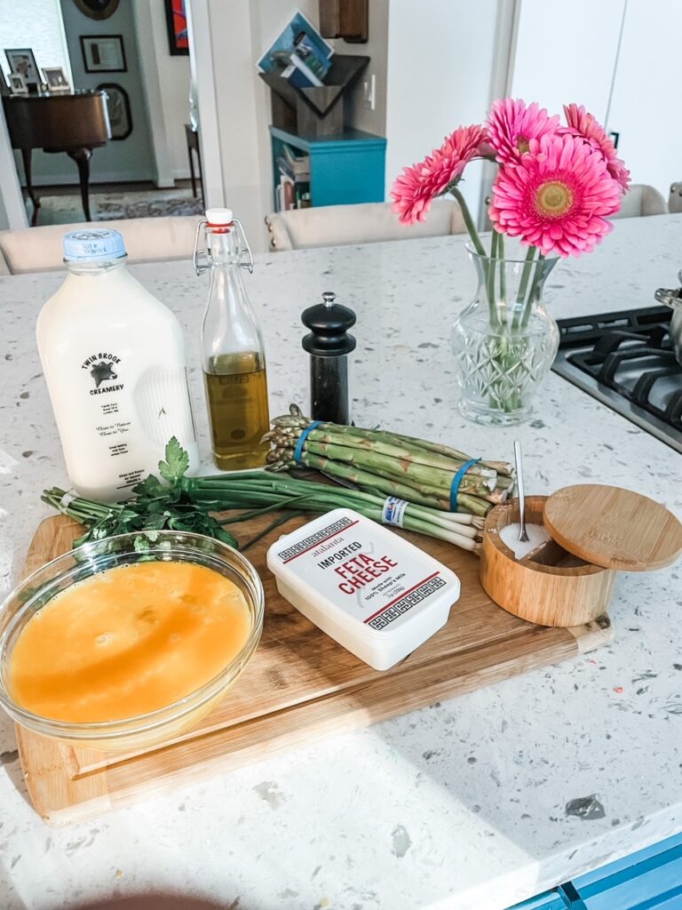 The ingredients for the Asparagus and Feta Veggie Frittata