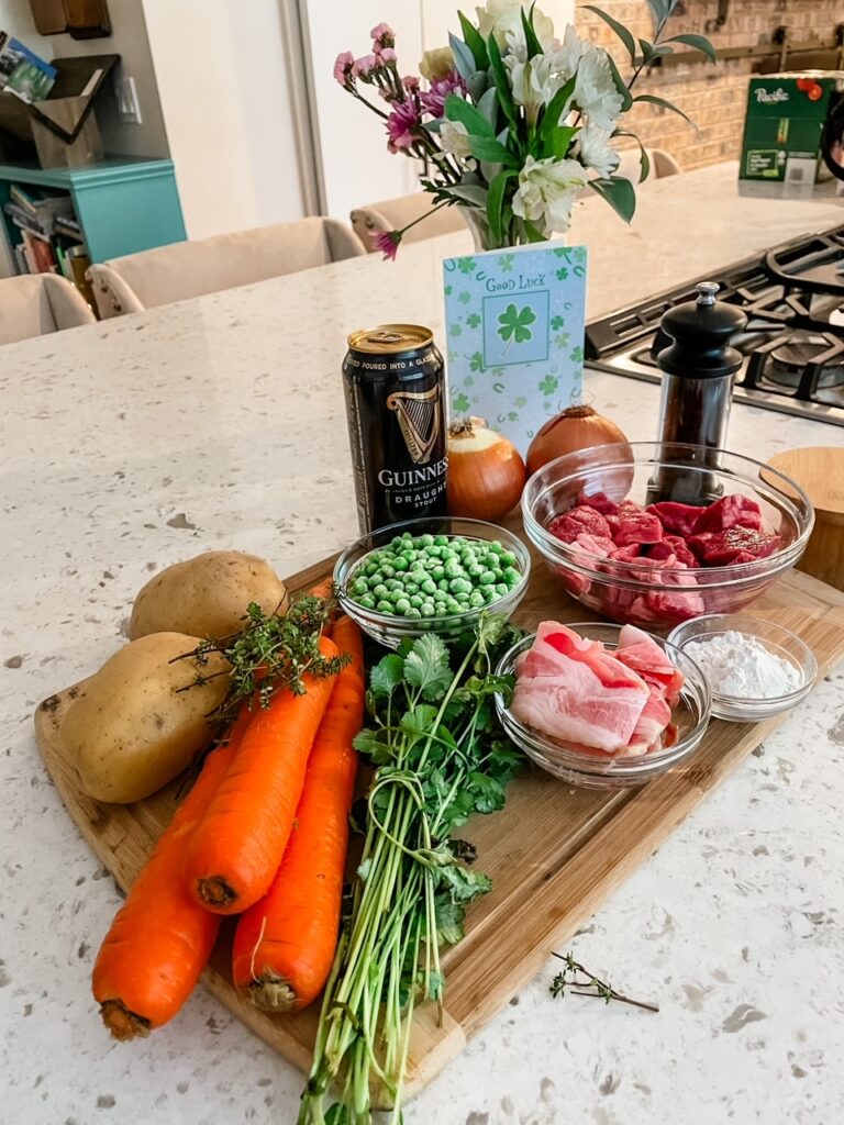 The ingredients for the Best Irish Lamb Stew laid out on a cutting board