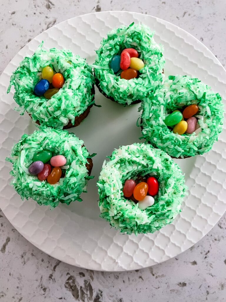Five of the Pineapple Carrot Cupcakes decorated for Easter