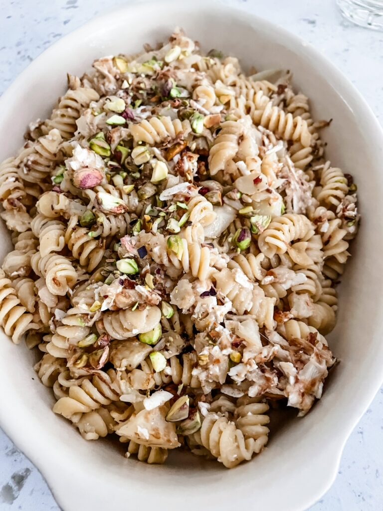 The finished Cheesy Cauliflower Pasta with Pistachios