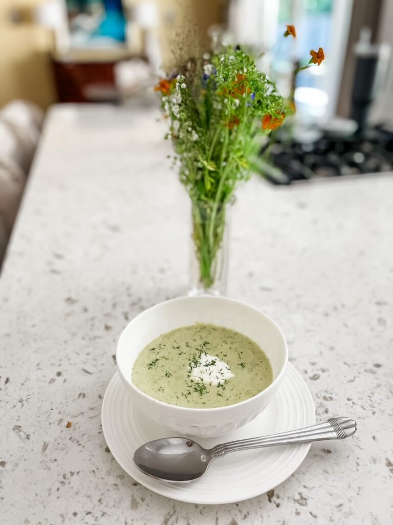 The finished Cold Zucchini Soup in a bowl.