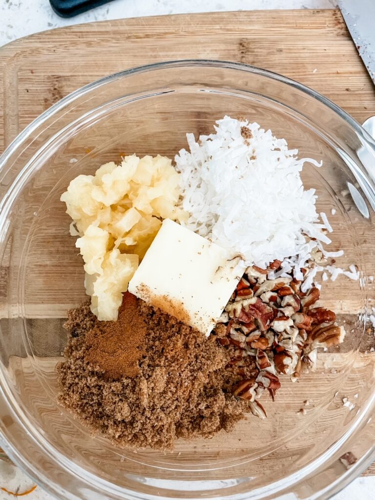 The ingredients for the buttery pecan and coconut topping