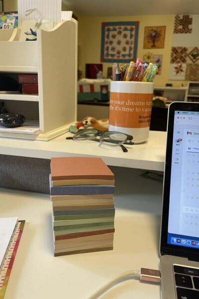 Pastel colored sticky notes on Marie's desk - just one example of Cute Office Supplies and Organizers