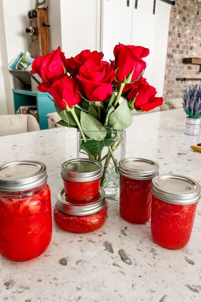 The finished and jarred Homemade Strawberry Freezer Jam