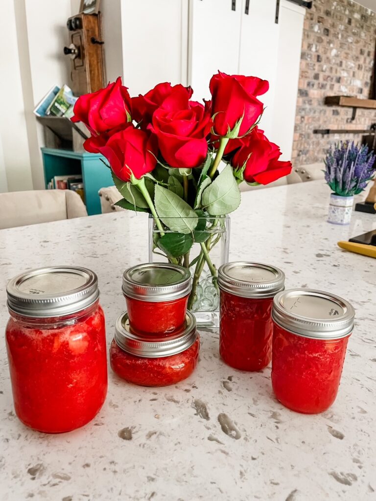 The finished and jarred Homemade Strawberry Freezer Jam