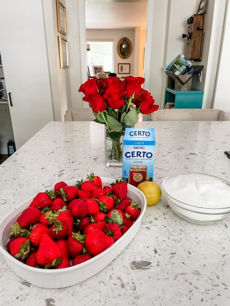 The ingredients for the Homemade Strawberry Freezer Jam