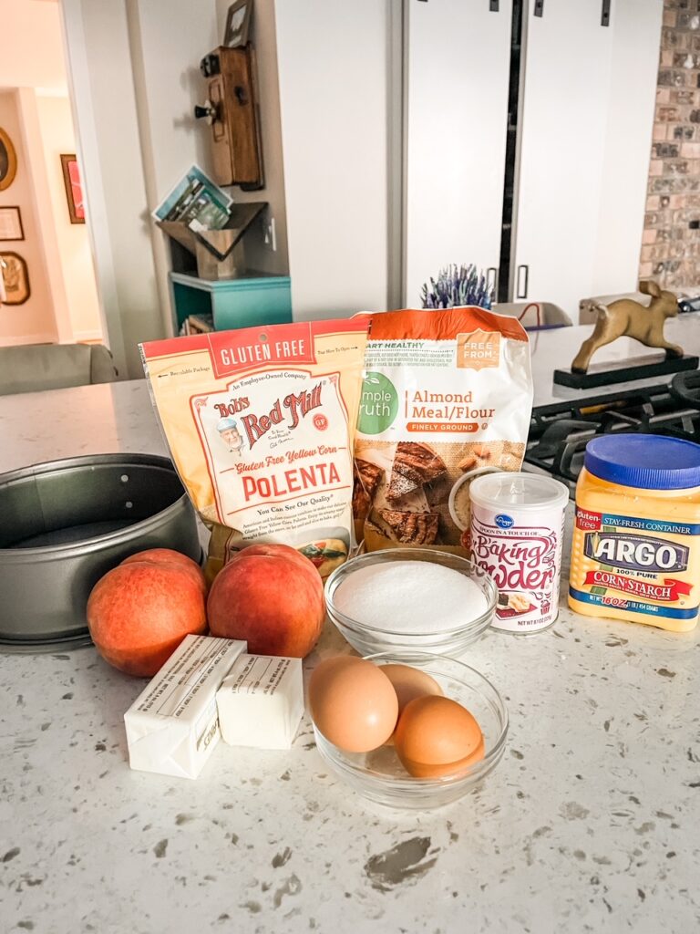 The ingredients for the Peach Polenta Cake