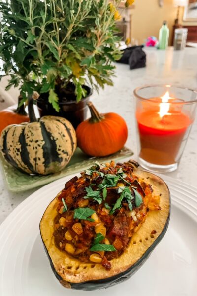 The finished Acorn Squash with Sausage and Corn Stuffing