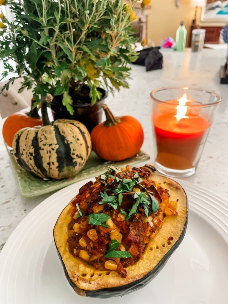 The finished Acorn Squash with Sausage and Corn Stuffing