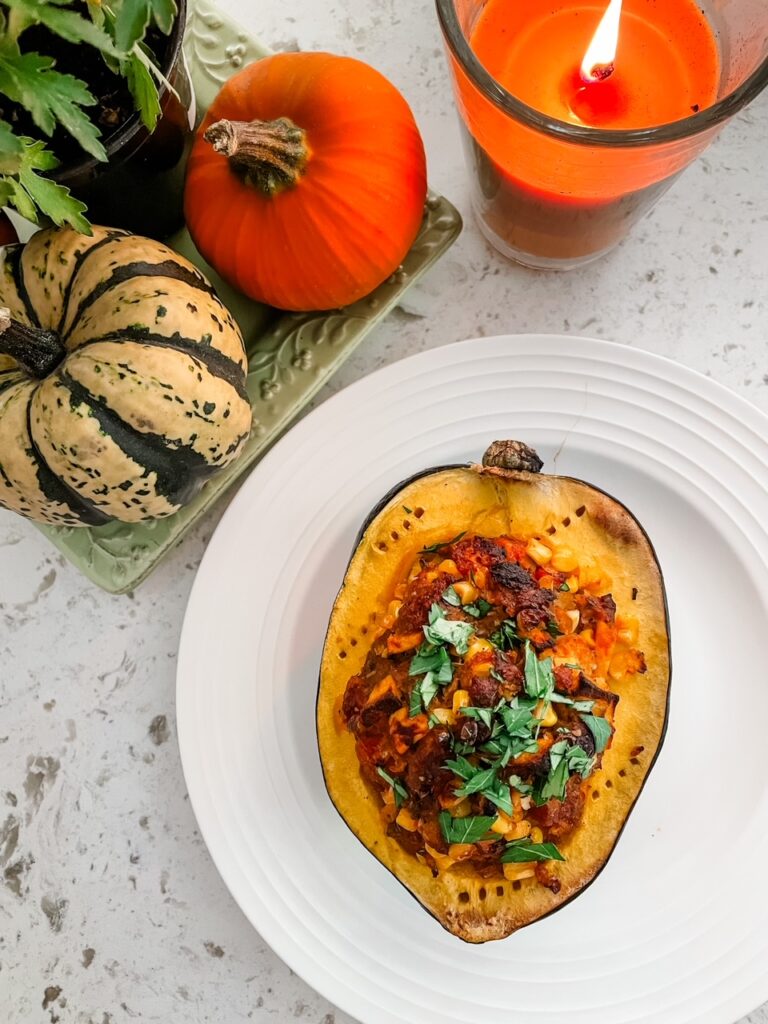 The finished Acorn Squash with Sausage and Corn Stuffing