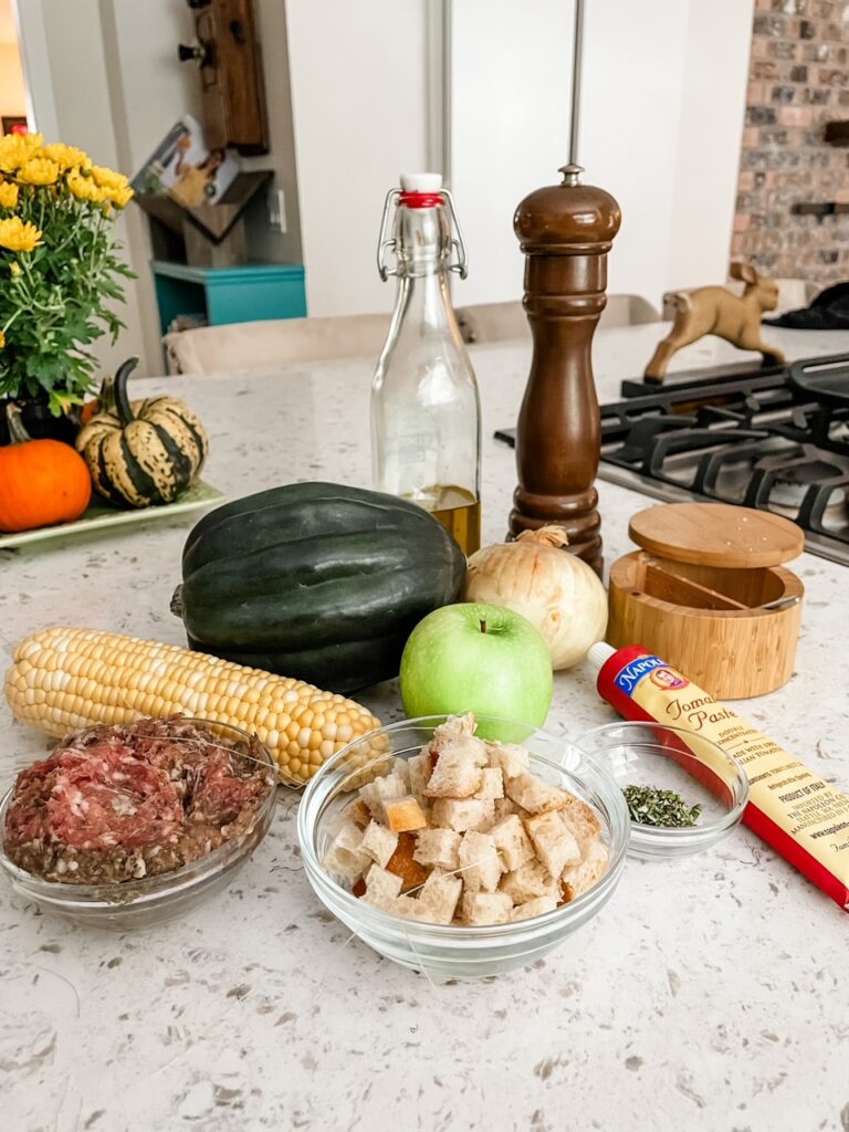 The ingredients for the Acorn Squash with Sausage and Corn Stuffing