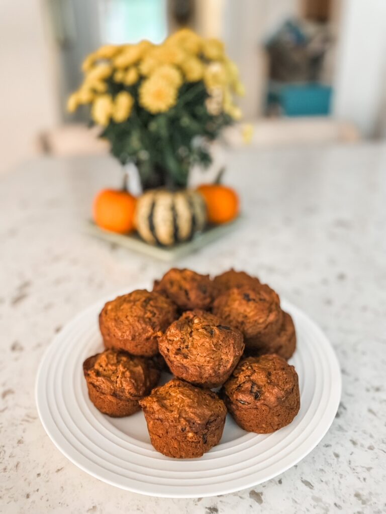 A stack of finished Pumpkin Morning Glory Muffins