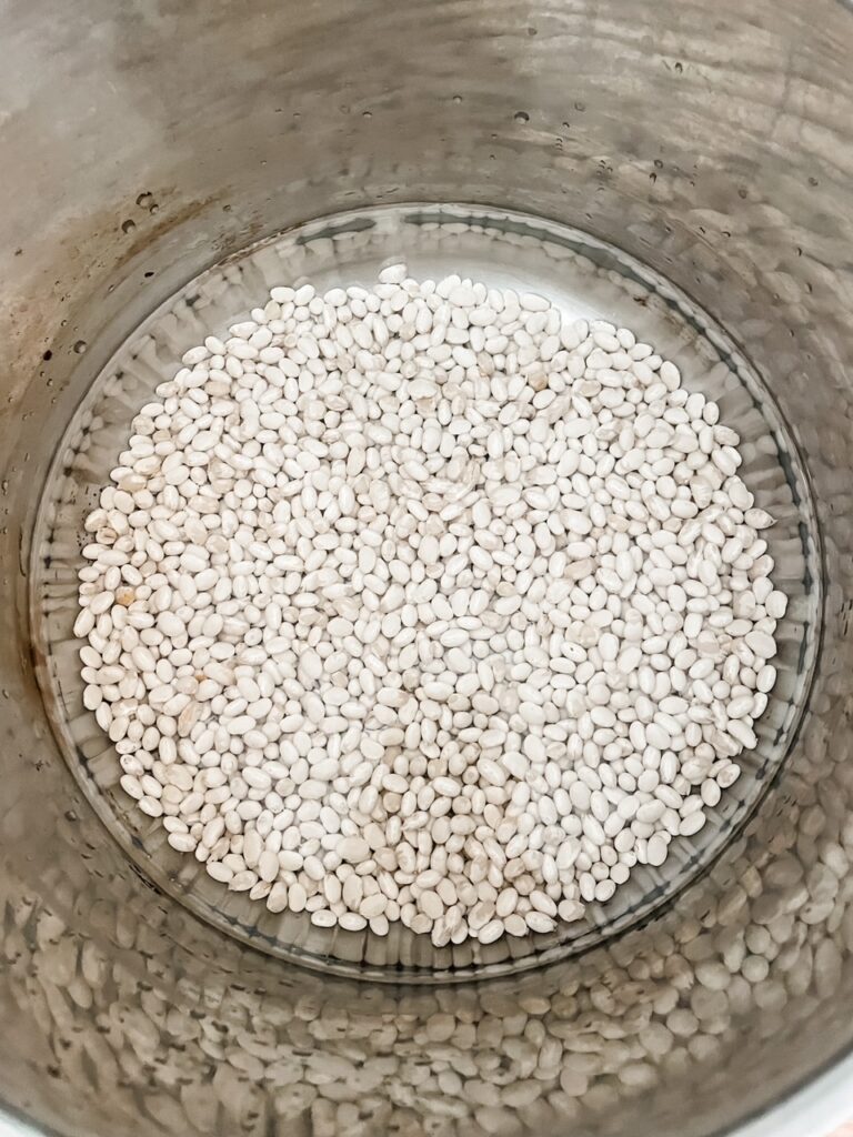 The beans soaking in a pot, covered in water