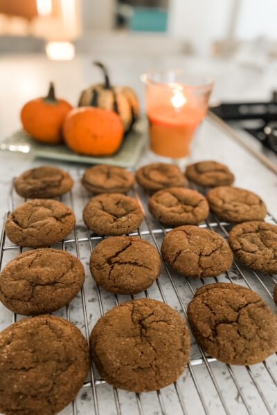 A rack of Make Ahead Chewy Molasses Cookies cooling on a rack