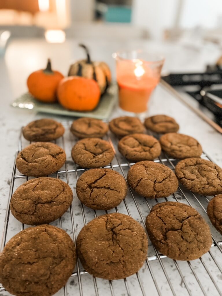 A rack of Make Ahead Chewy Molasses Cookies cooling on a rack