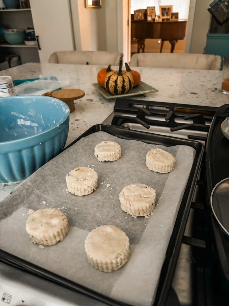 The cut out biscuits being prepped for the freezer