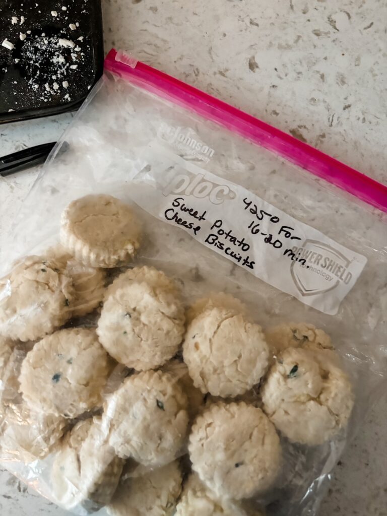 The Sweet Potato Biscuits with Cheese in a ziplock bag to be frozen and baked later