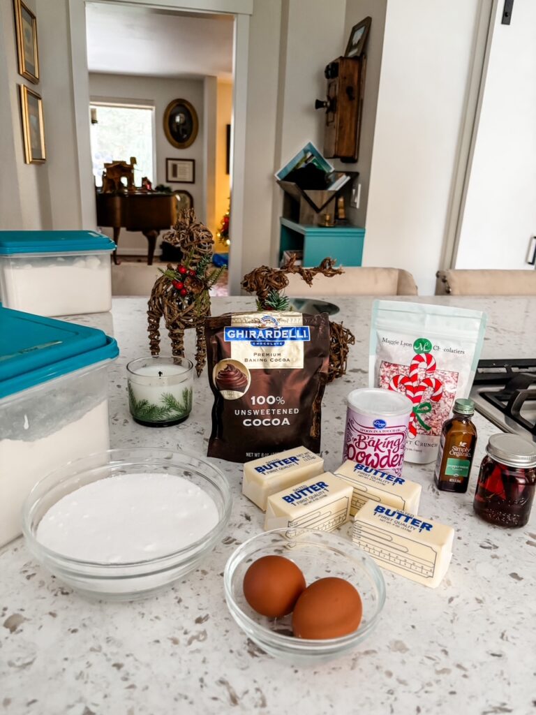 The ingredients for the Chocolate Peppermint Crunch Ribbon Cookies