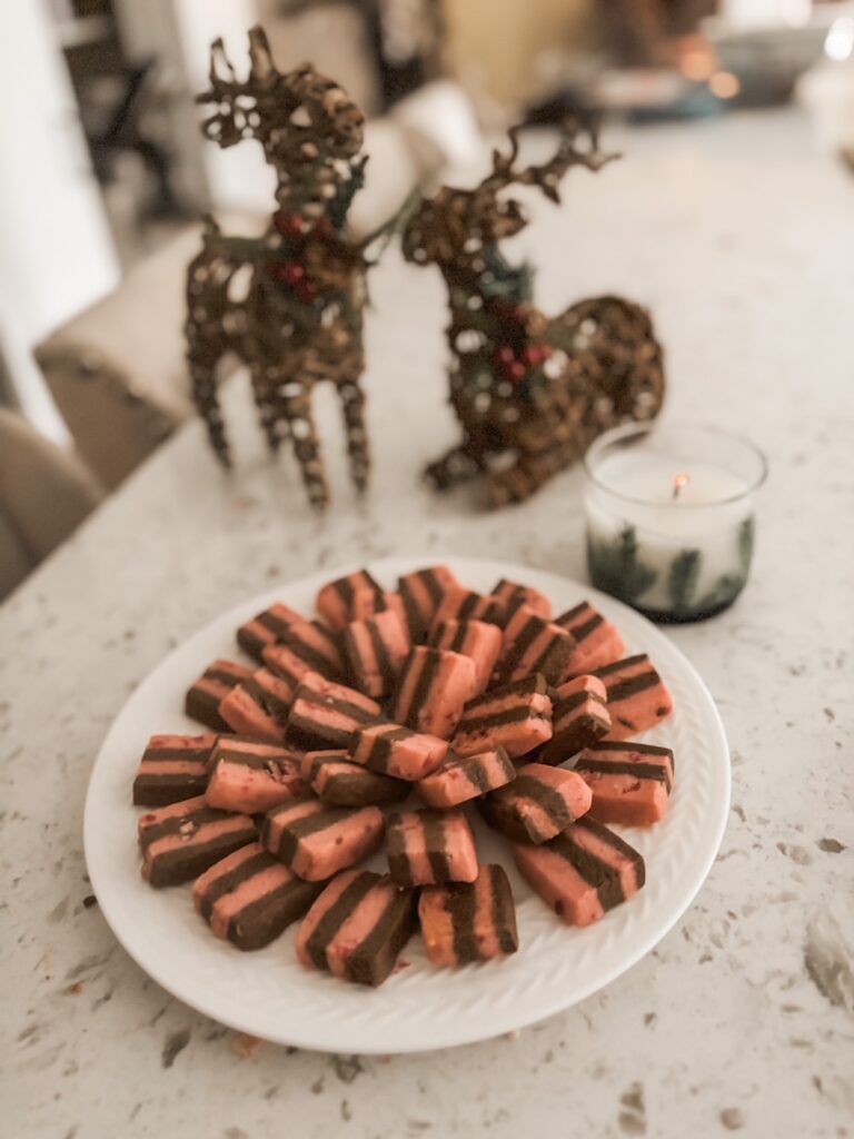 The finisehd Chocolate Peppermint Crunch Ribbon Cookies