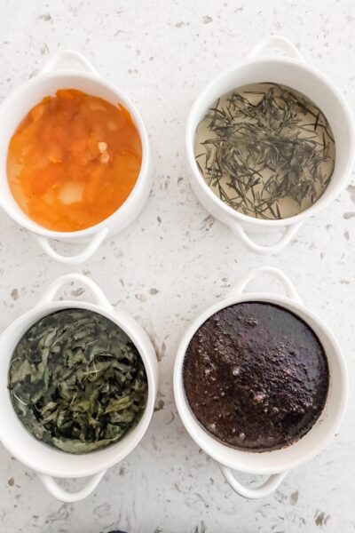 The four Flavored Simple Syrups in ramekins