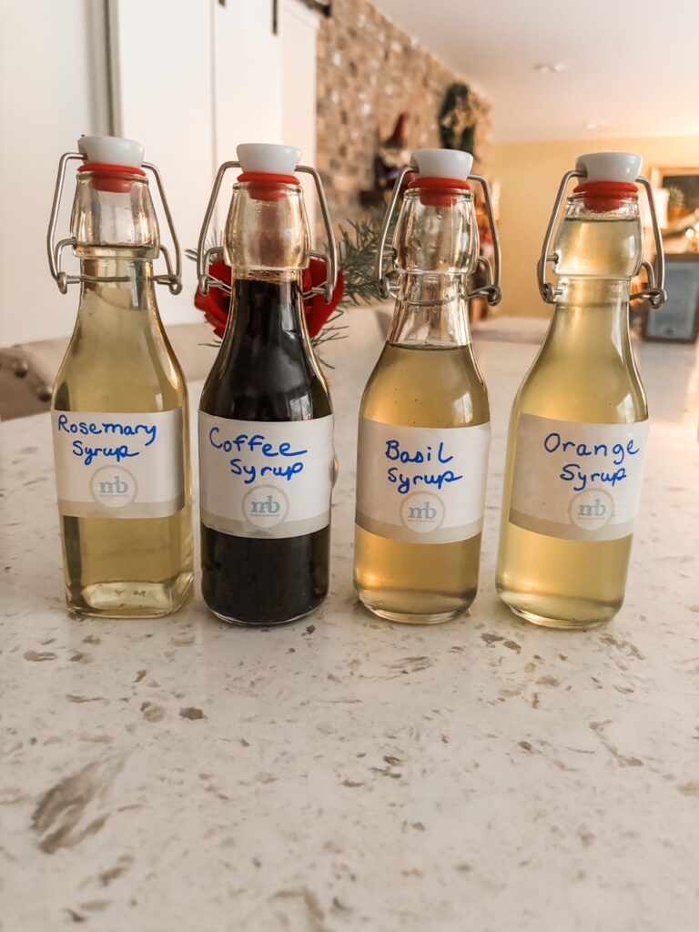 The Flavored Simple Syrups stored in bottles