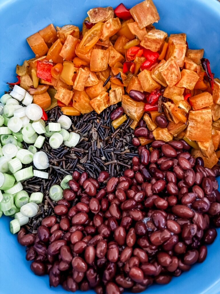 The chopped ingredients for the base of the salad - including lots of fiber and protein so it's a filling salads